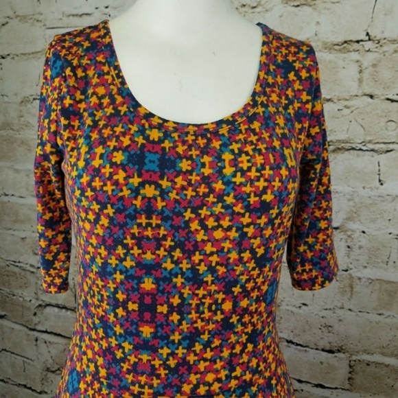 Lularoe Nicole Dress Midi Fit Flare Boho Tribal Geometric Elbow Sleeve Neutral S - Picture 8 of 8